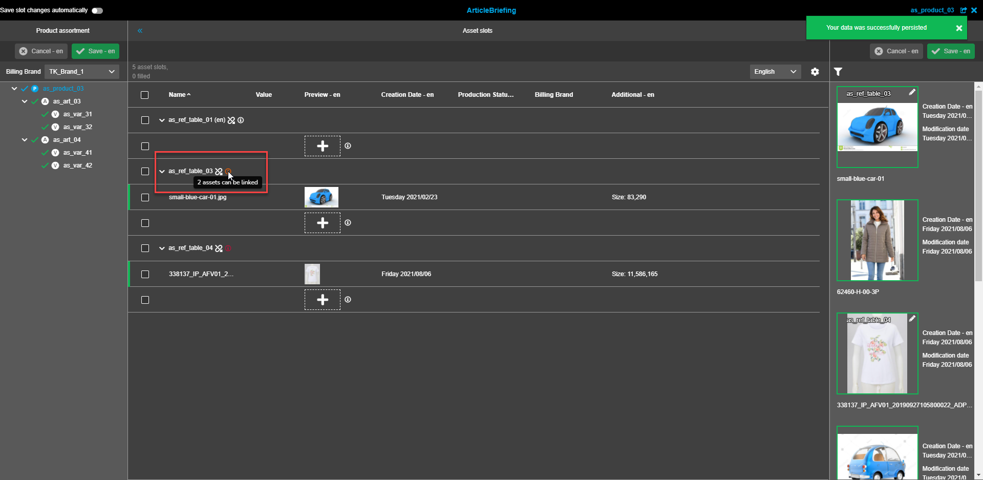Asset Slots view - Number of assets that can be linked tooltip