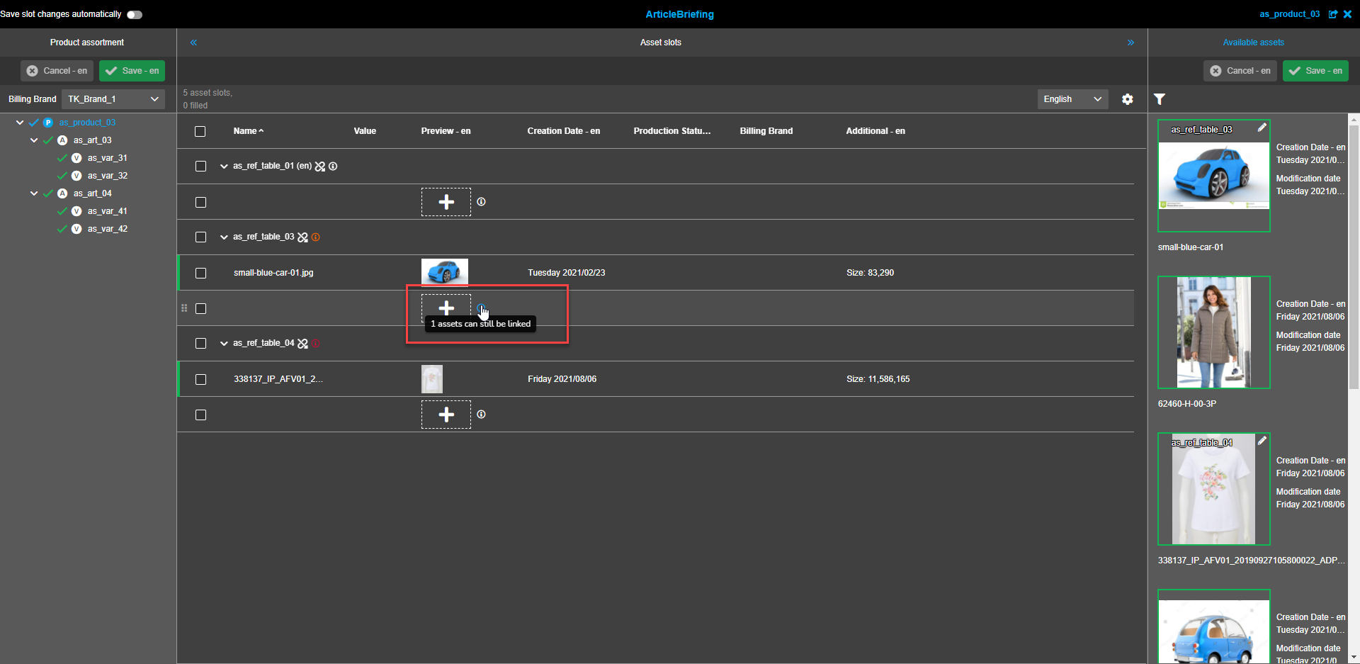 Asset Slots view - "(allowed amount of asset slots) assets can still be linked" tooltip