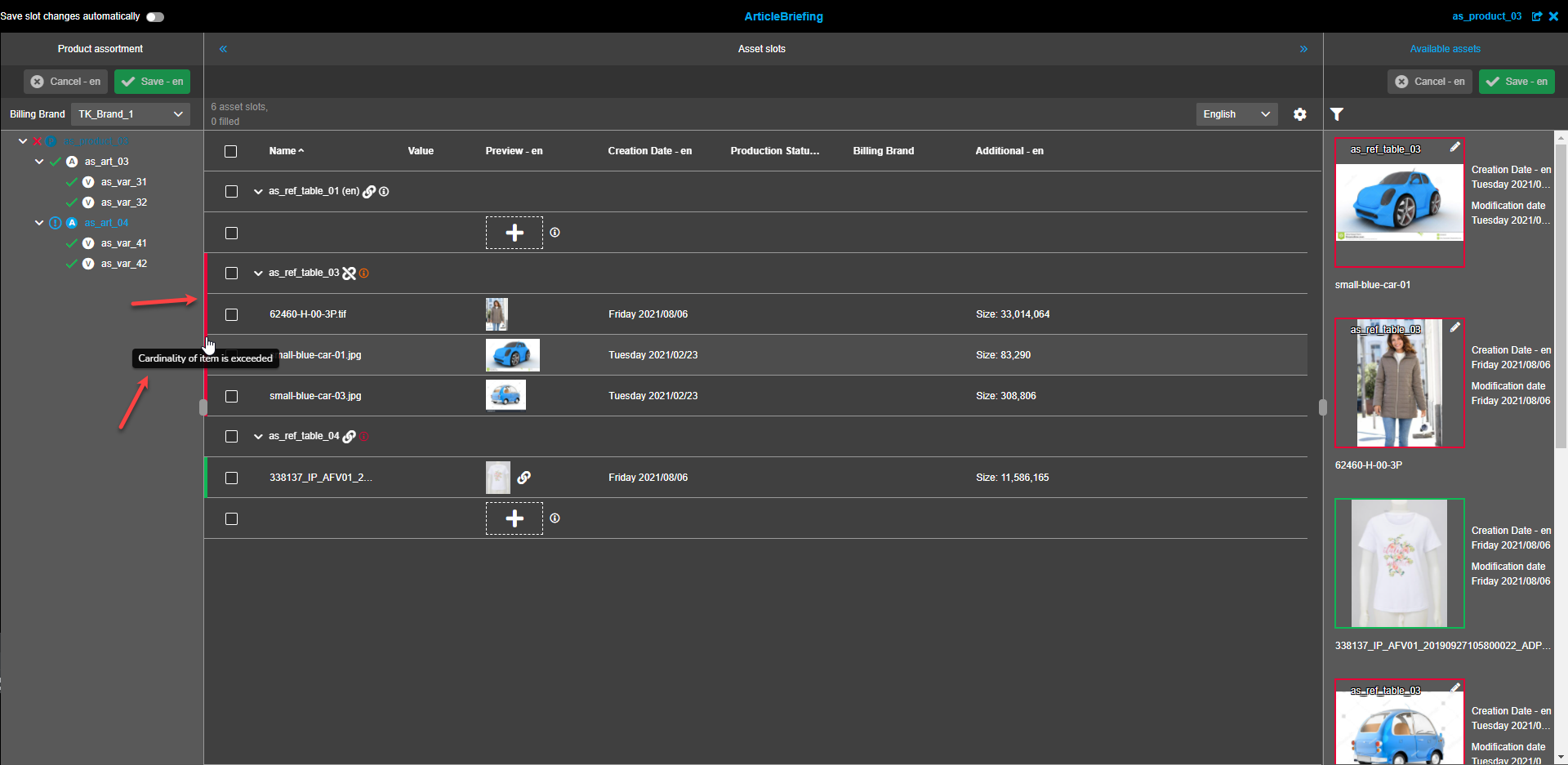 Asset Slots view - Cardinality exceeded tooltip