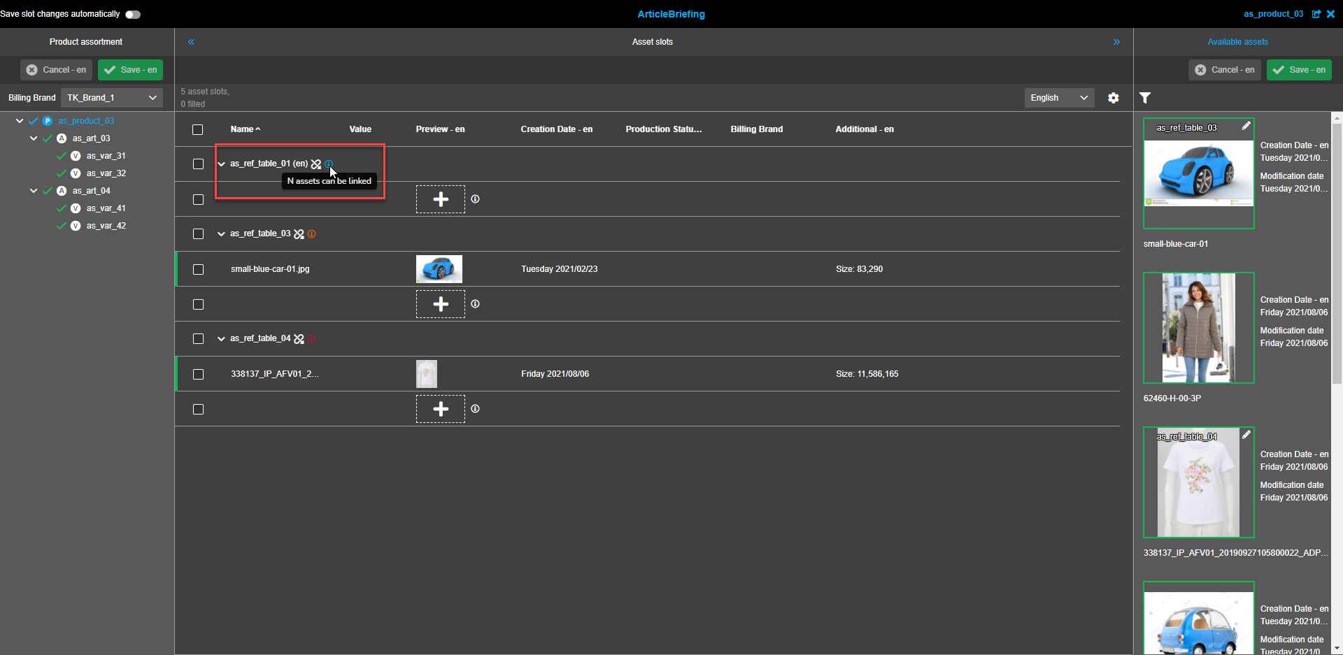 Asset Slots view - "N assets can be linked" icon tooltip