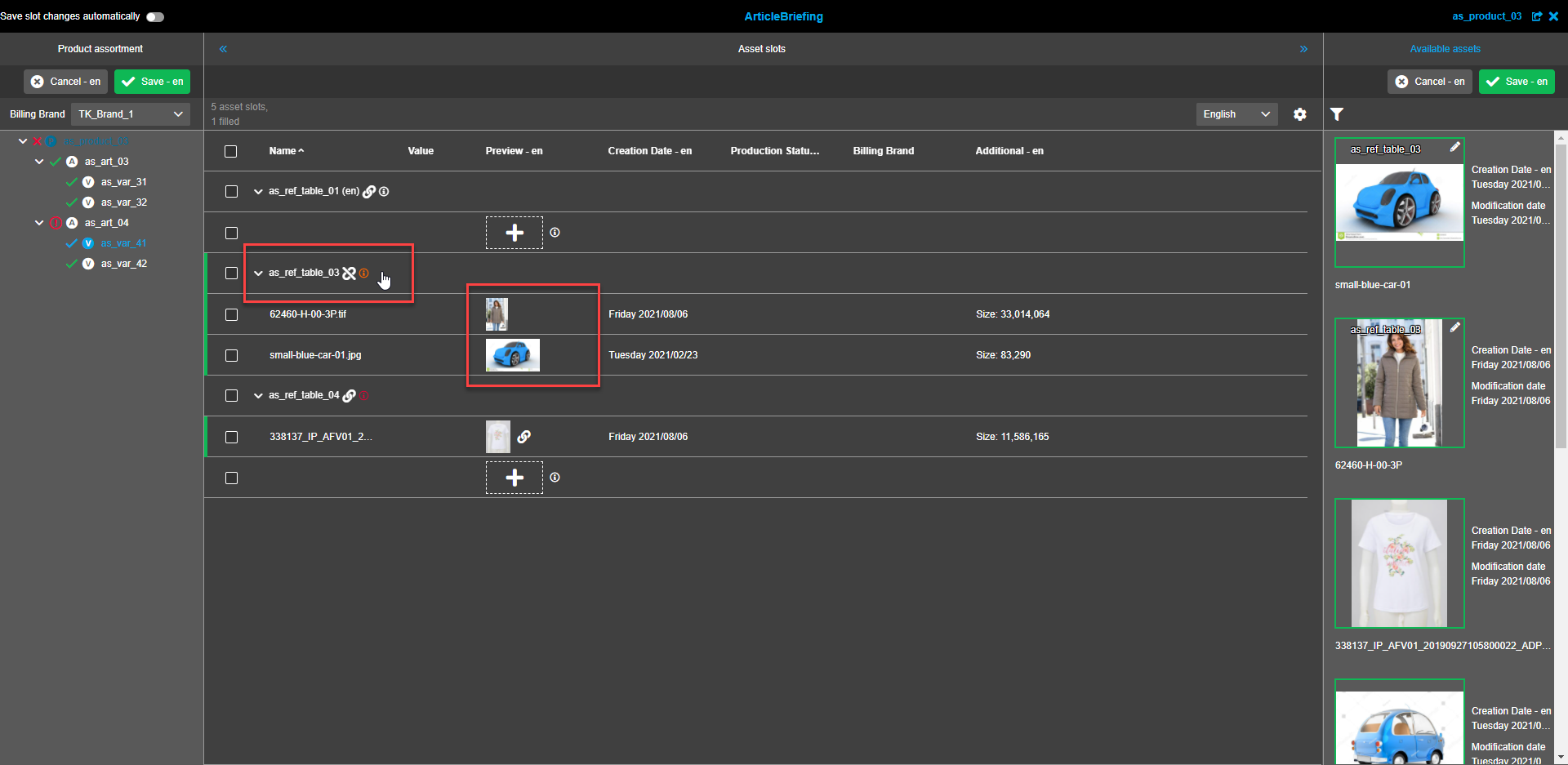 Asset Slots view - Unlinked assets