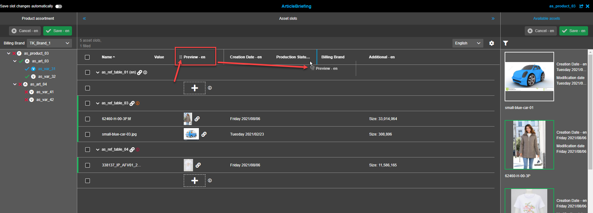 Asset Slots view - Column removal