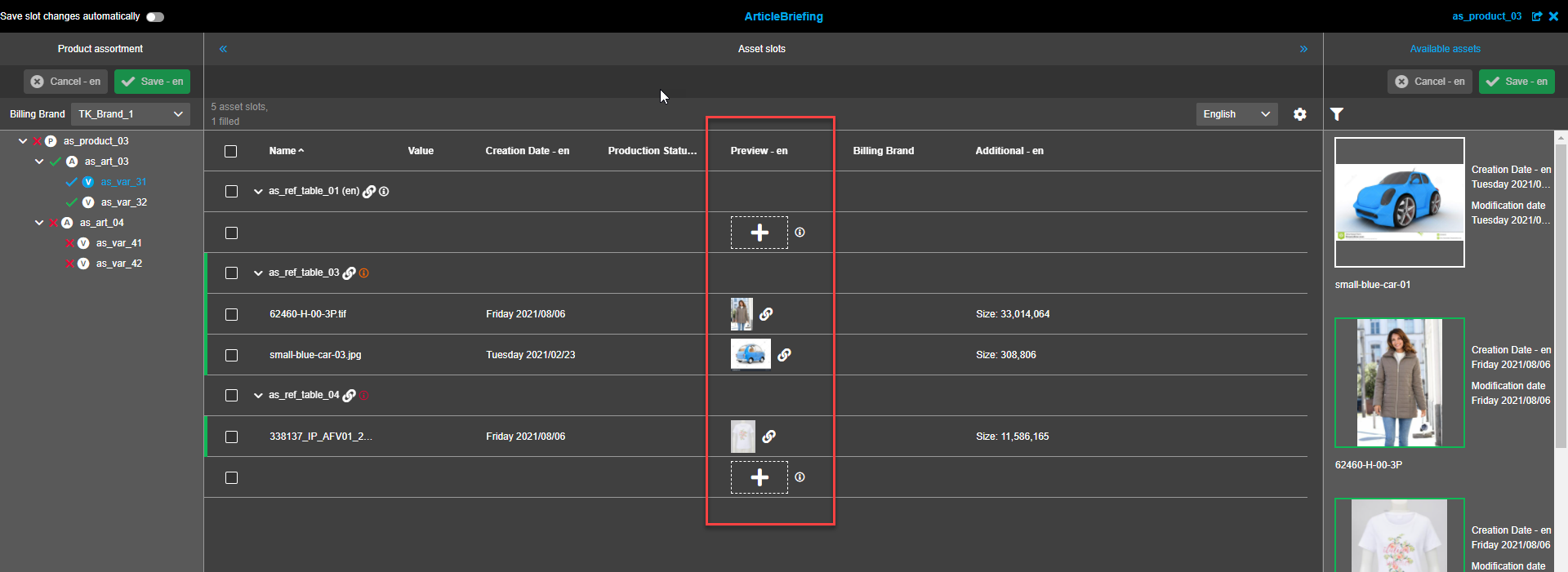 Asset Slots view - Removed column