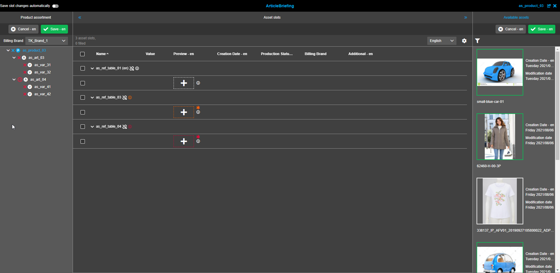 Asset Slots view - Mandatory