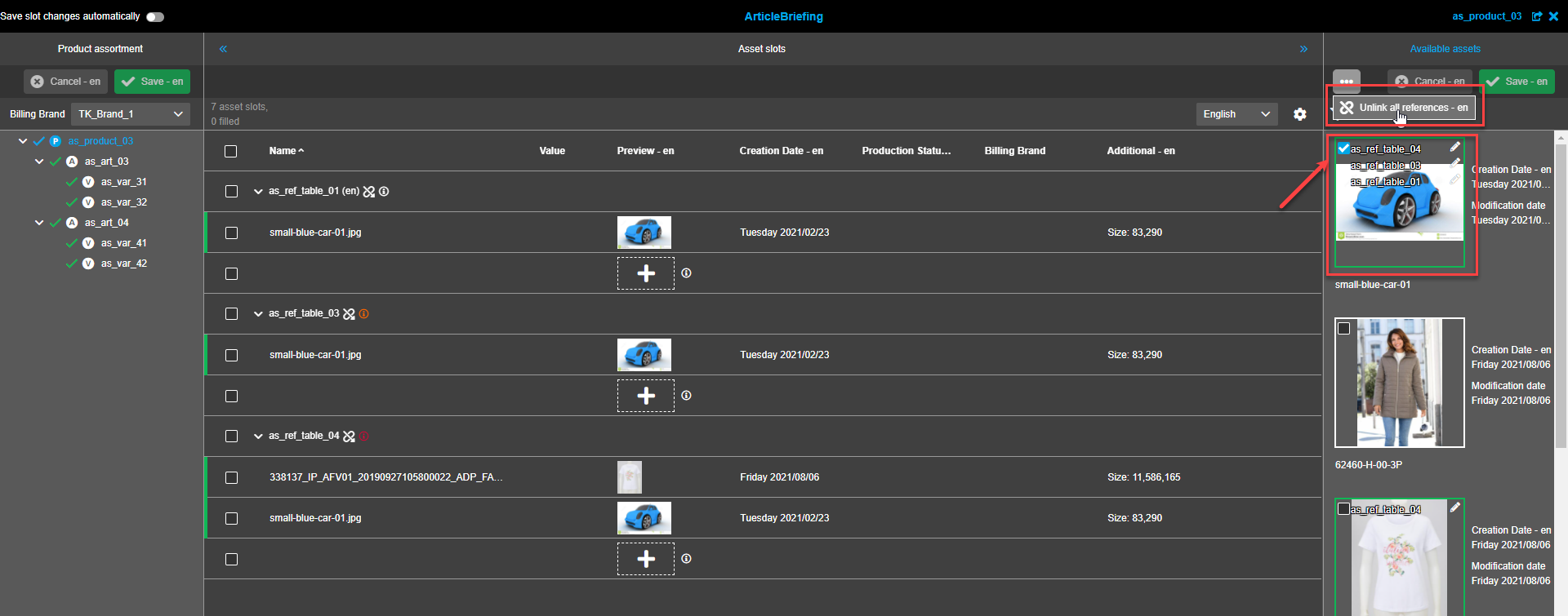 Available Assets view - Unlink all references button