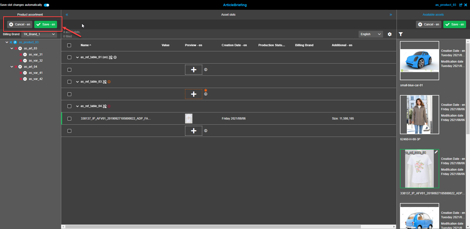 Available Assets view - Saving of unlink all referemces