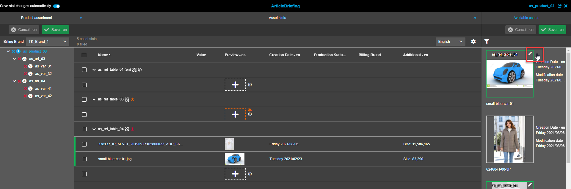 Available Assets view - Image edit icon