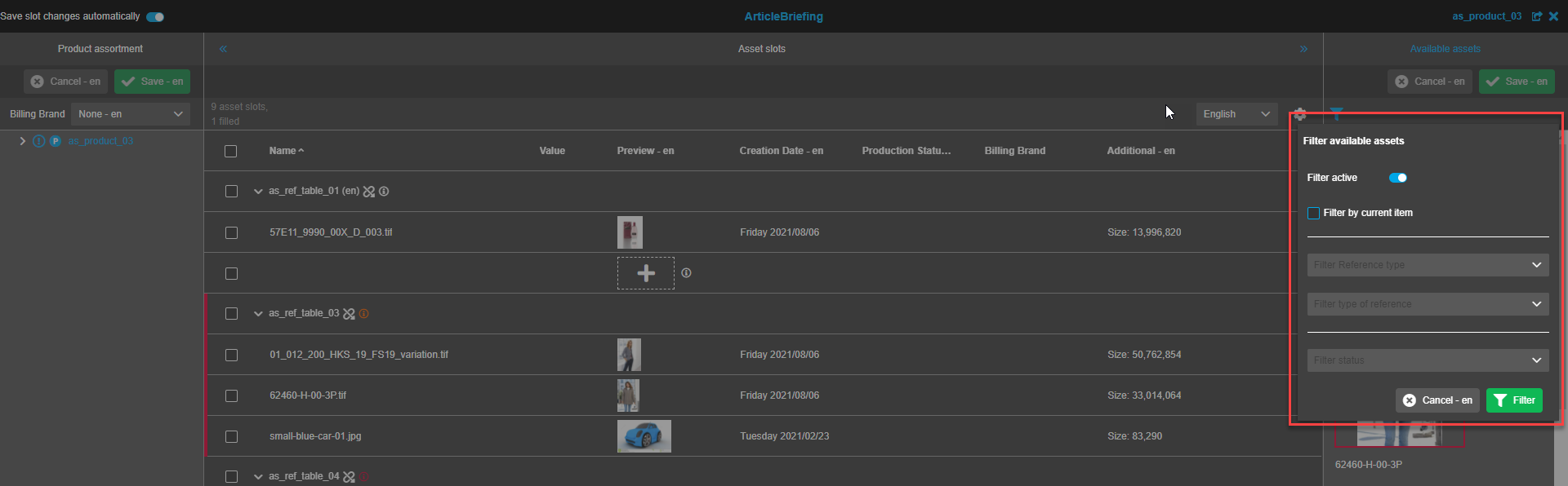 Available Assets view - Section splitter