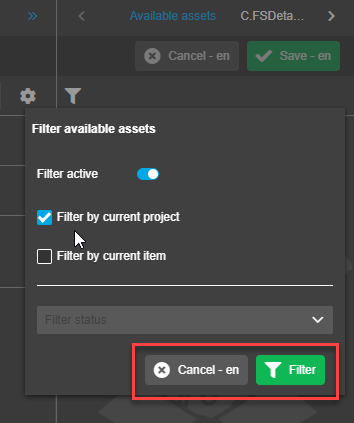 Available Assets view - Filter and Cancel buttons