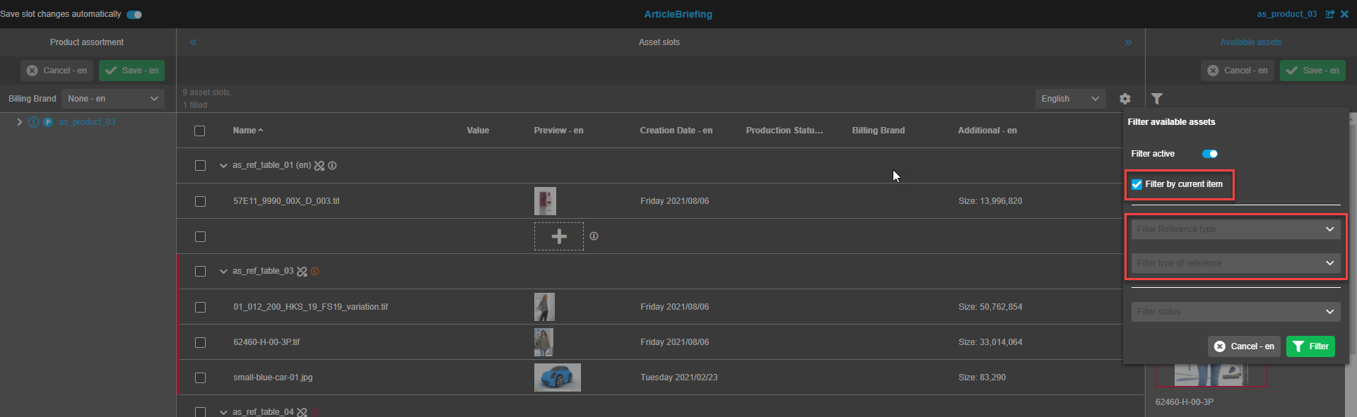 Available Assets view - Filter options