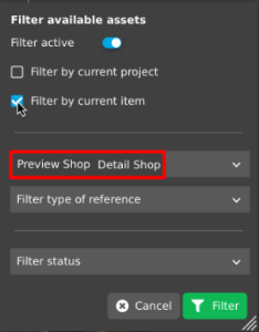 Available Assets view - Selected Reference type title(s) on the box in the closed position