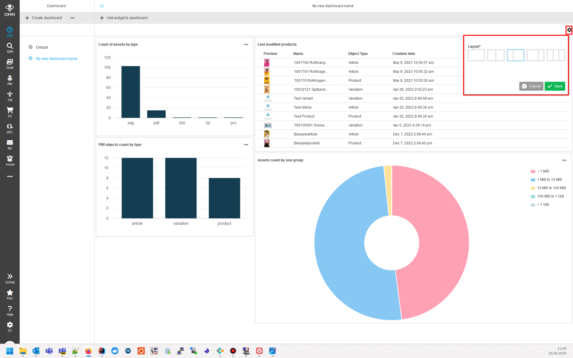 Change dashboard layout