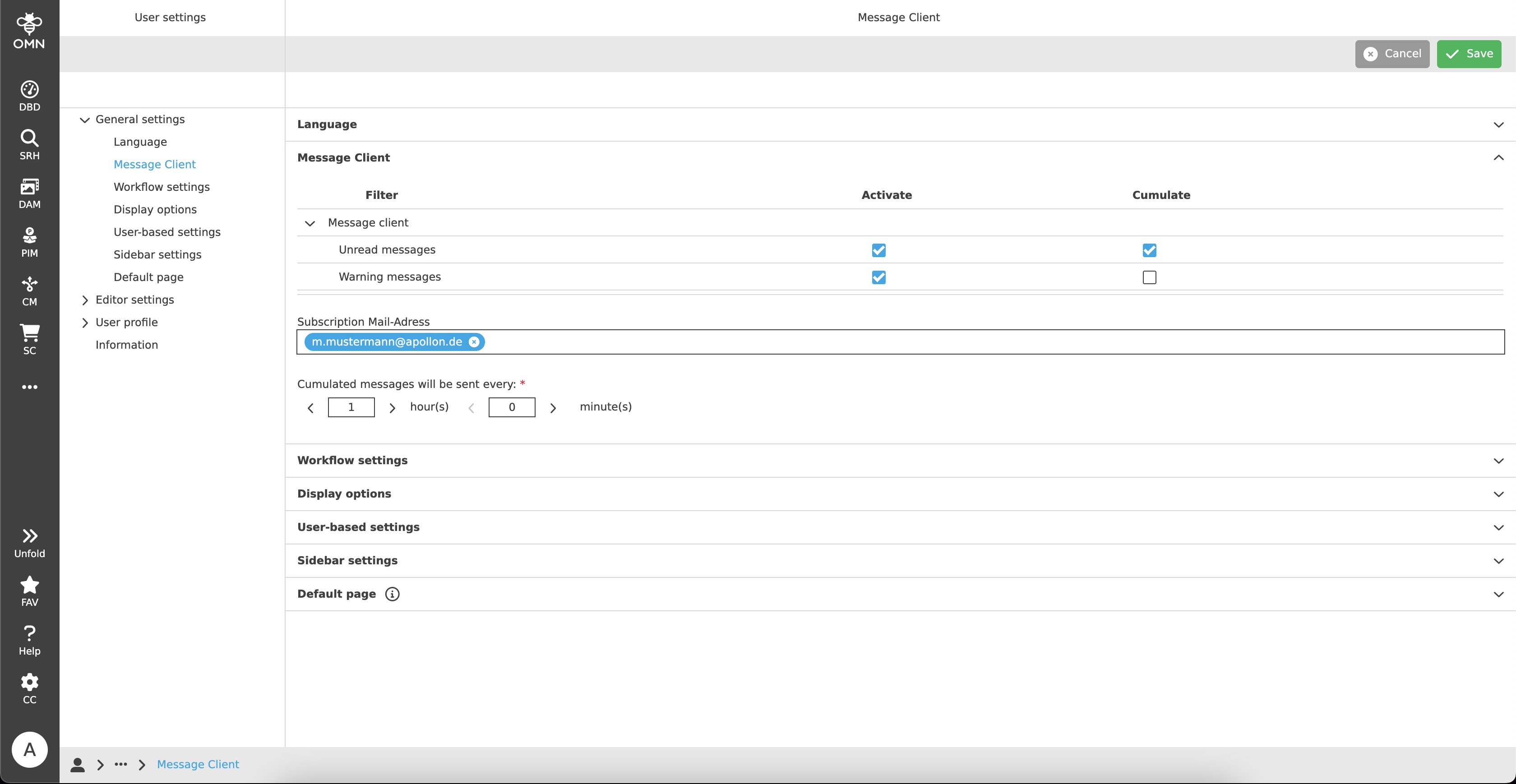 Message Client settings