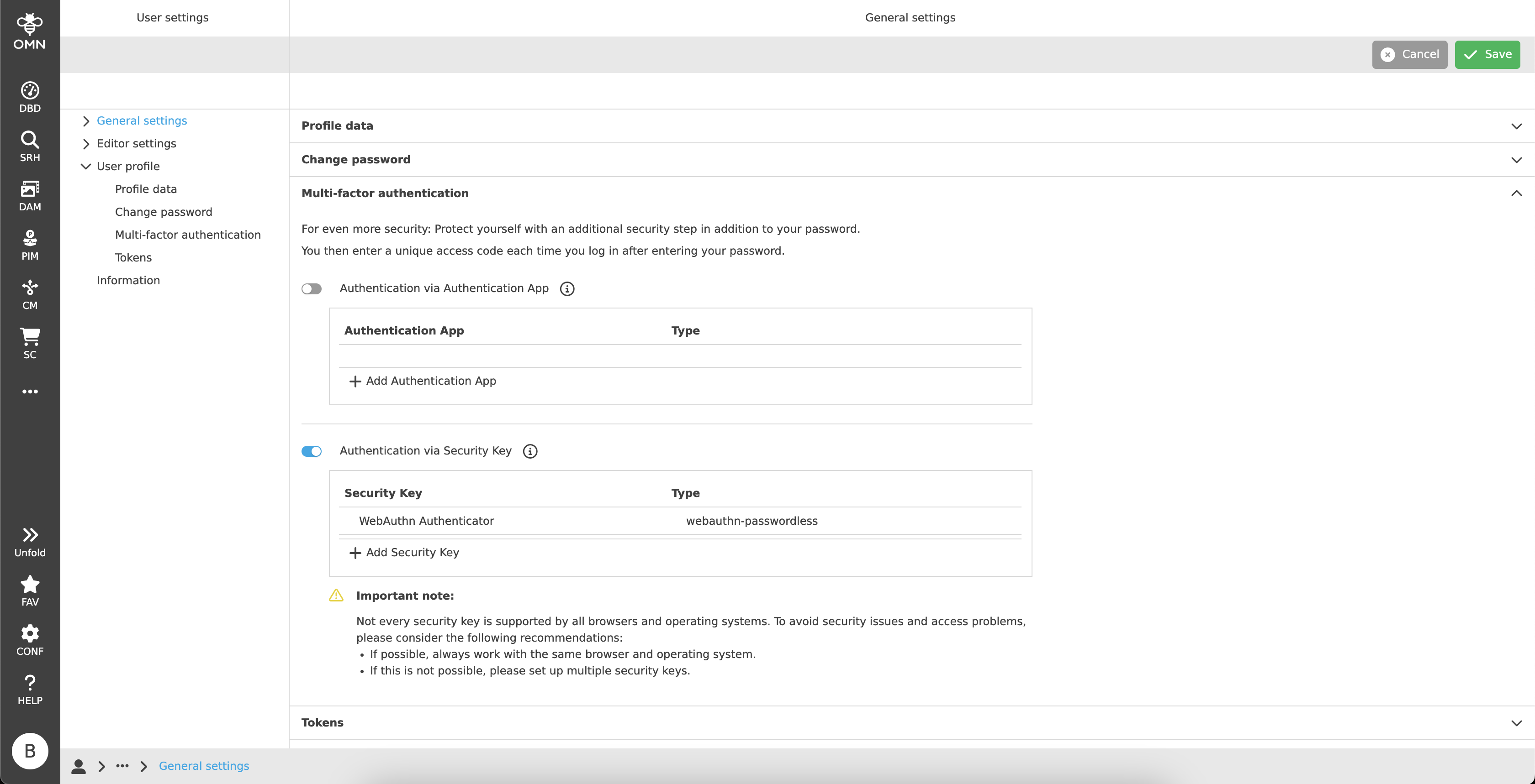 user settings mfa key