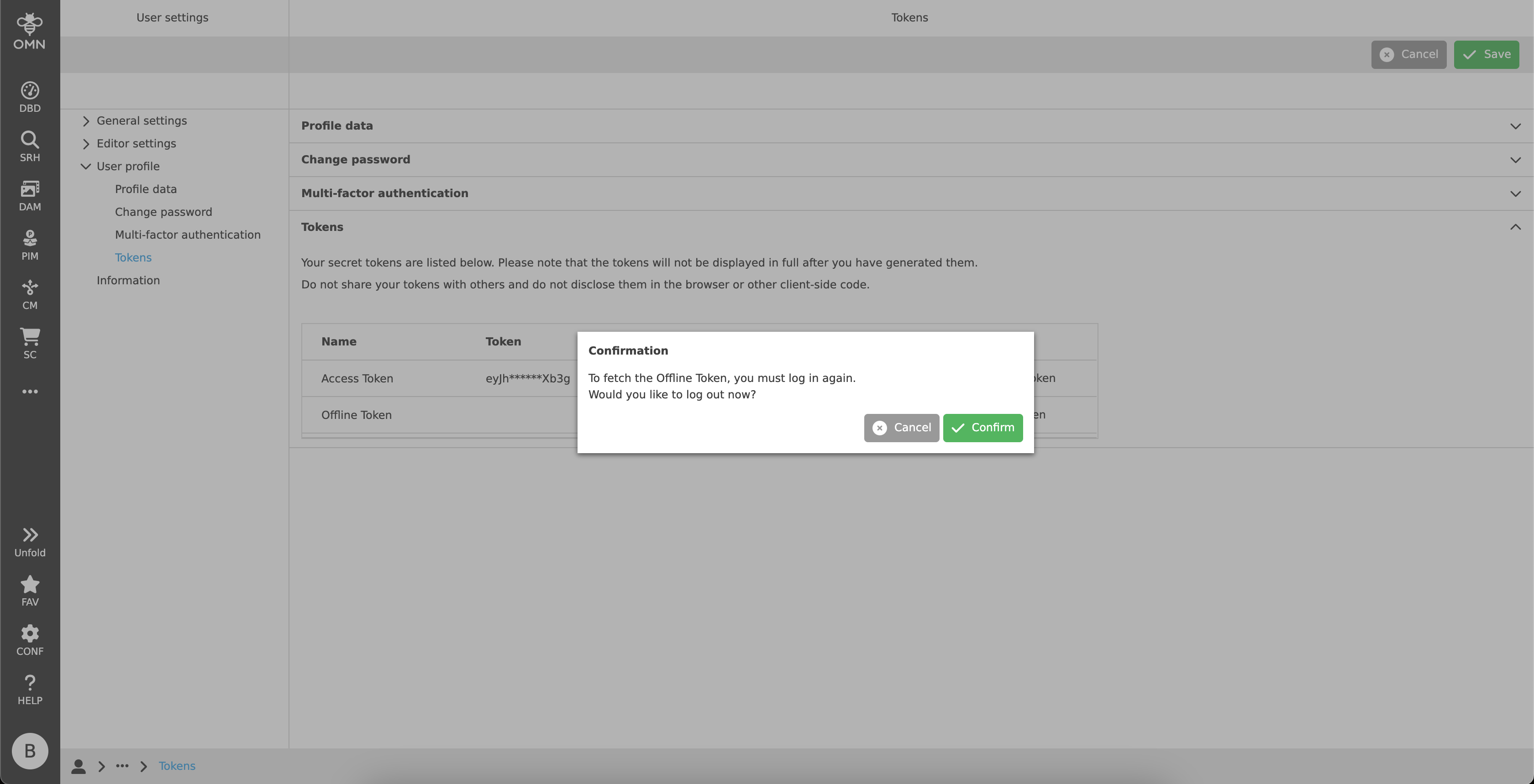 user settings offline token