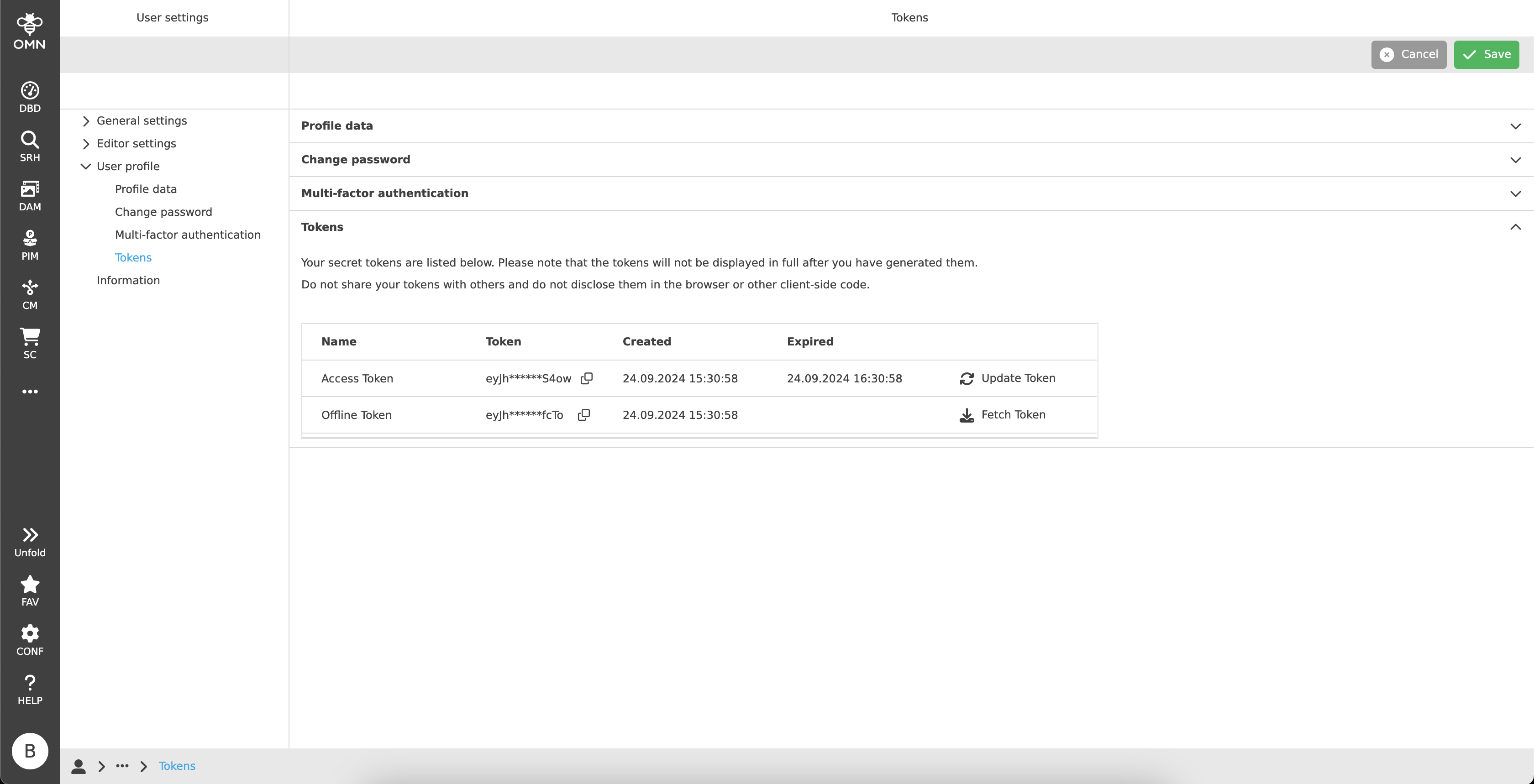 user settings offline token2