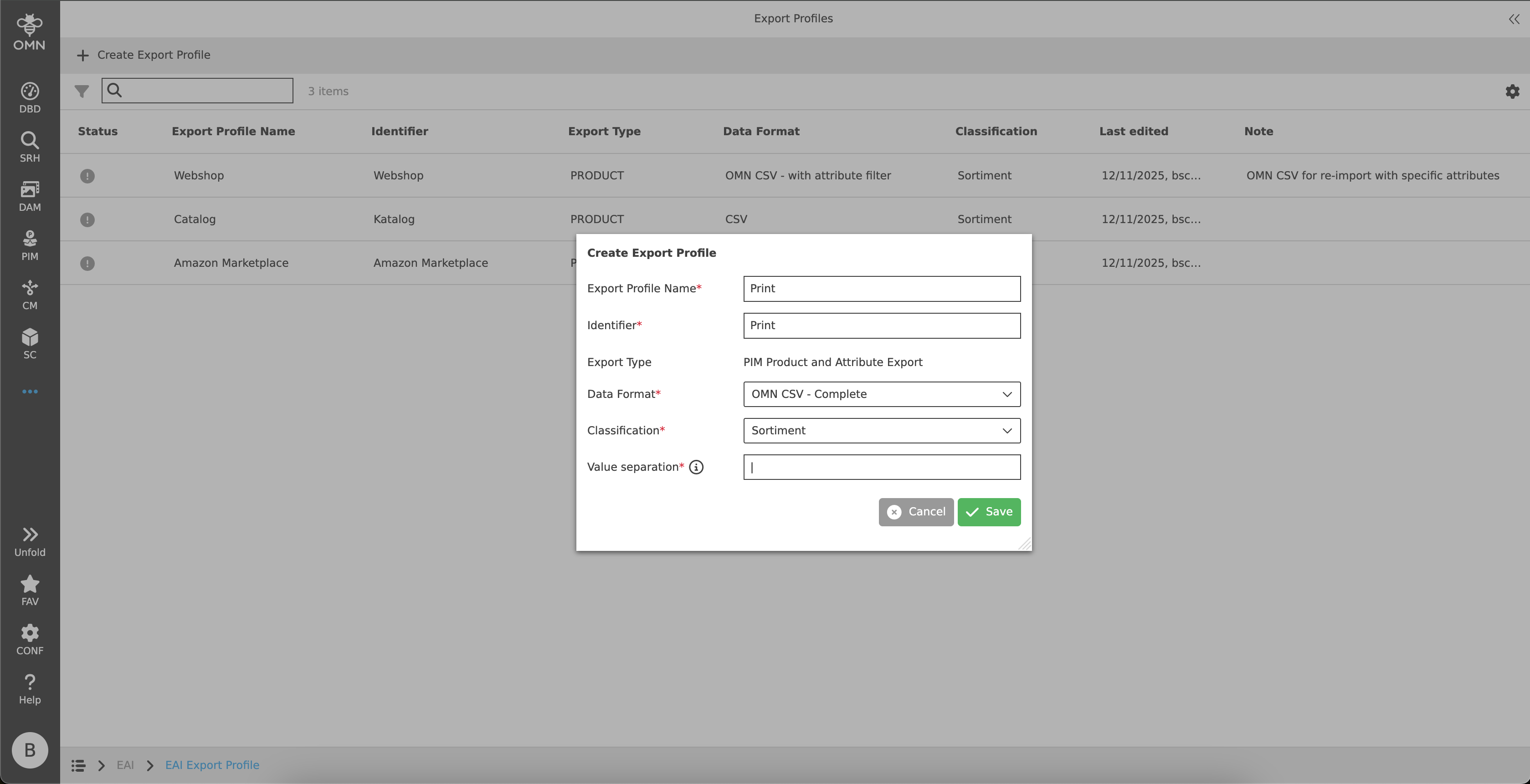 create export profile