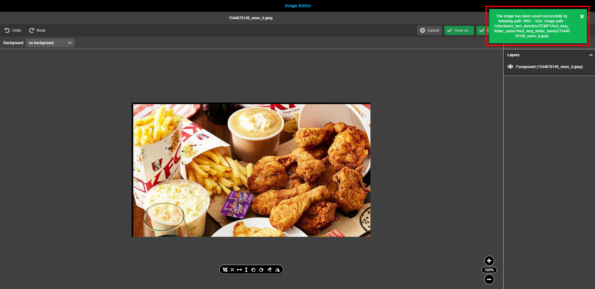 Image editor central view save as green toast message