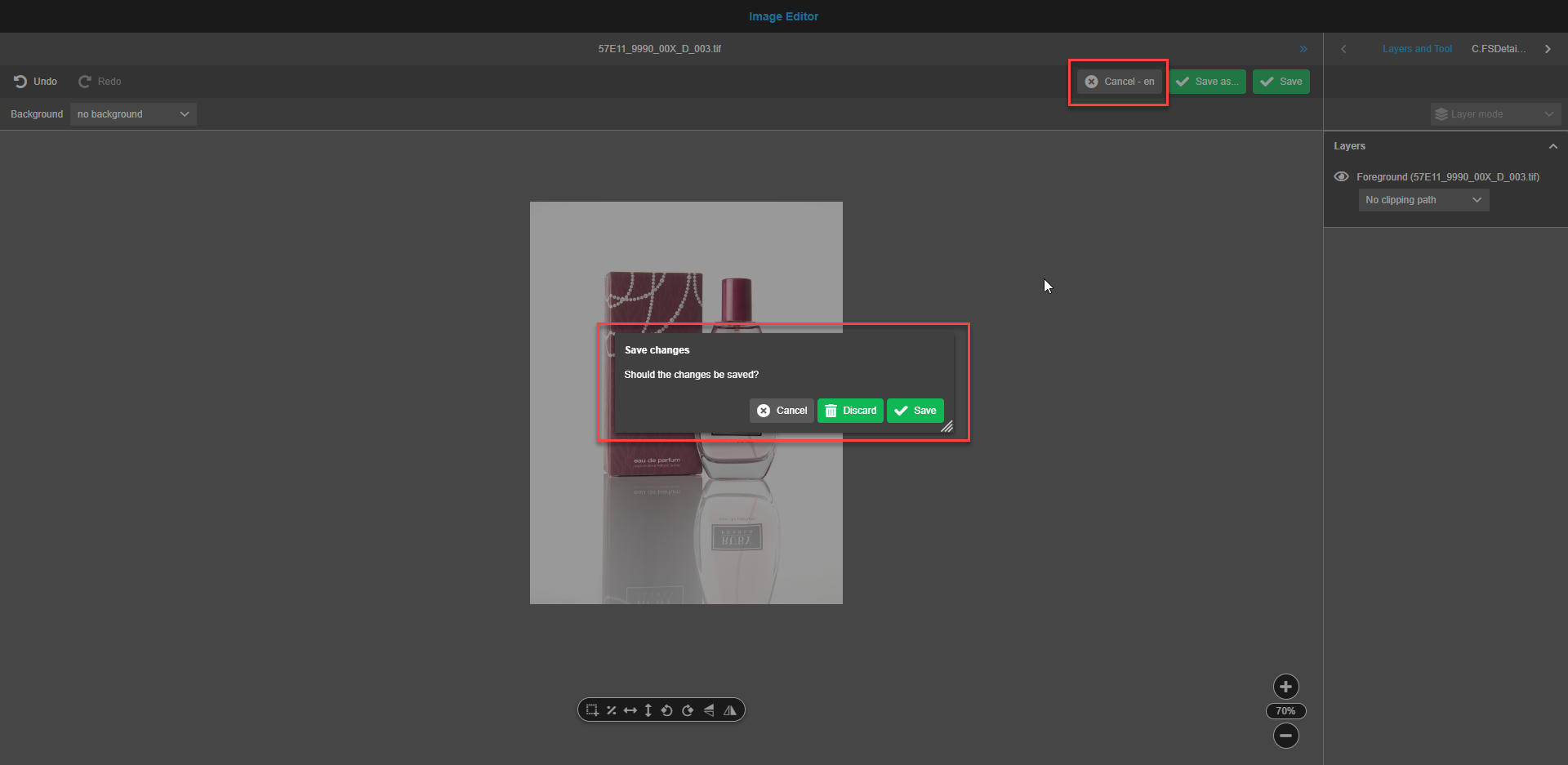 Image editor central view cancel modal