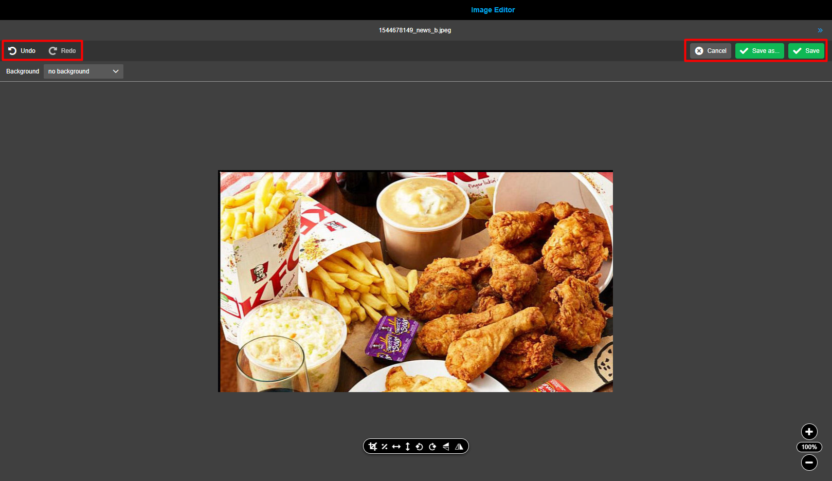 Image editor central view toolbar