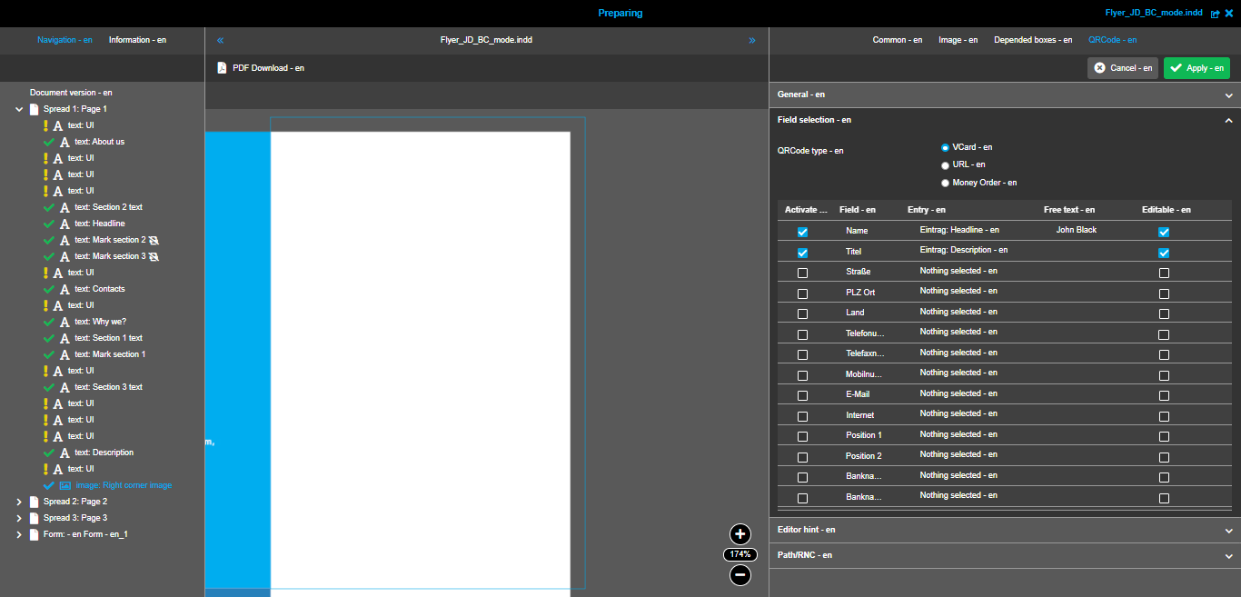 Preparing Image box QRCode Field selection section VCard
