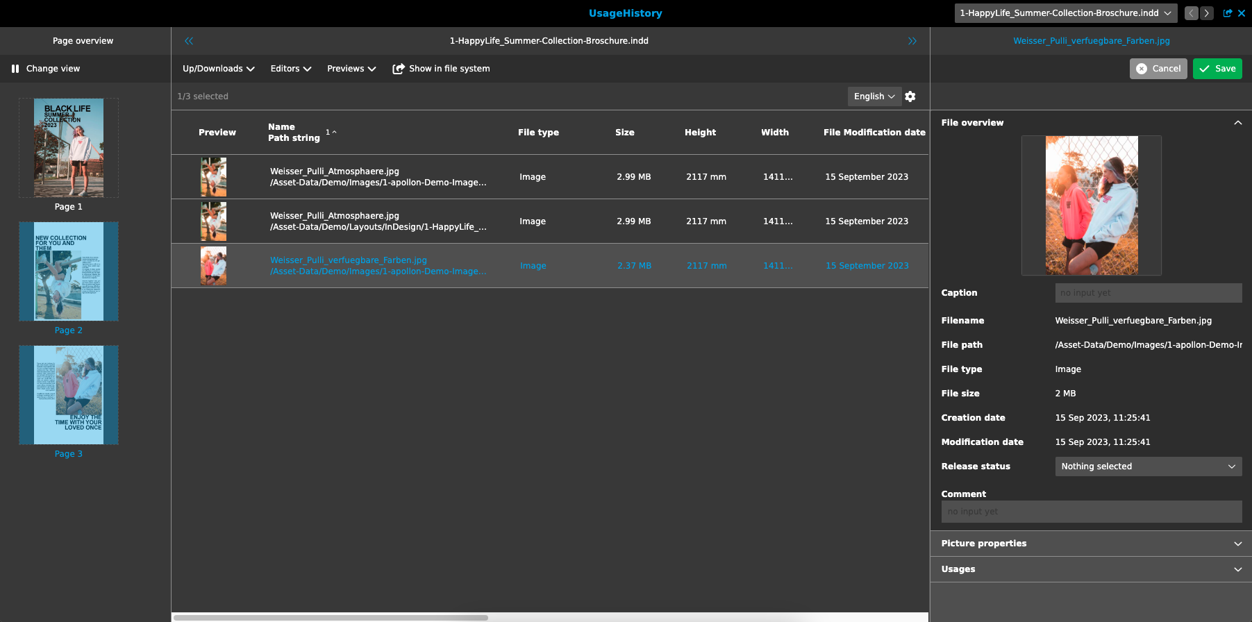 User Guide usage history general layout