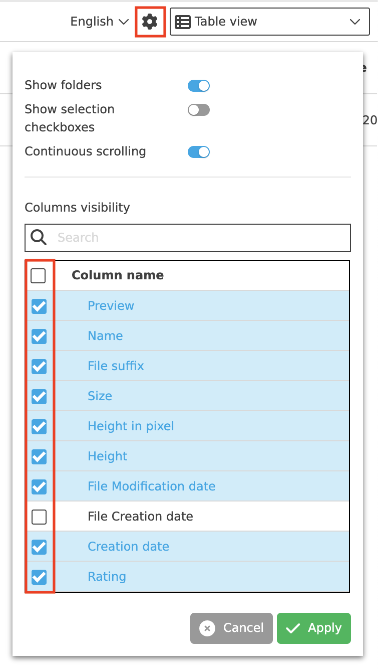 User Guide General functions and controls Columns