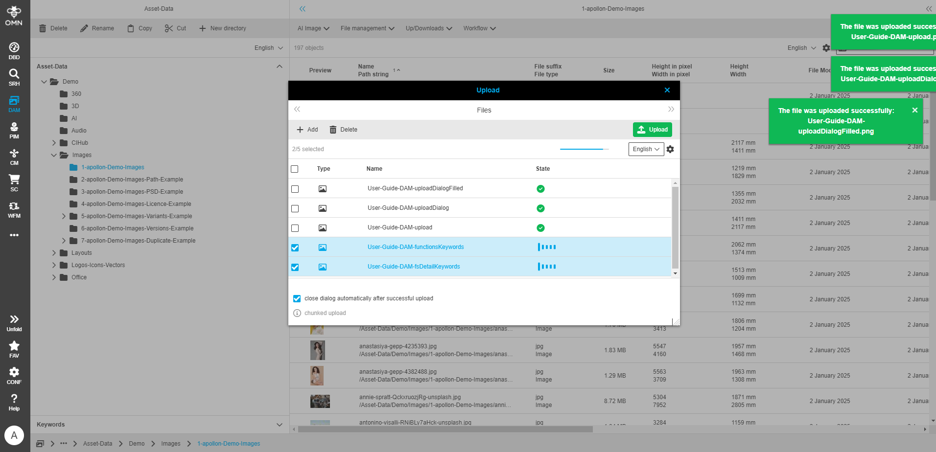 User Guide DAM uploadDialogOK