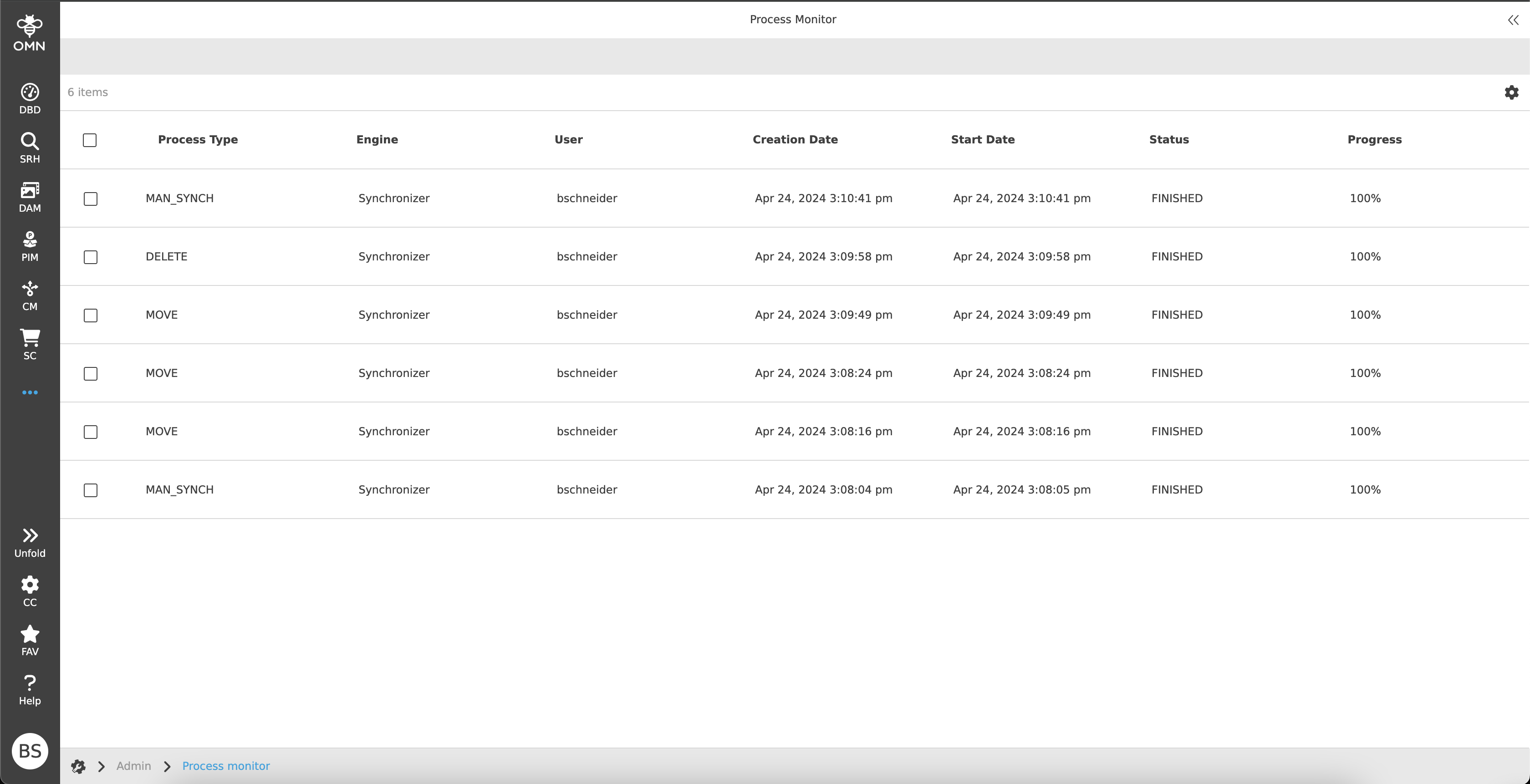 Center view of the process monitor