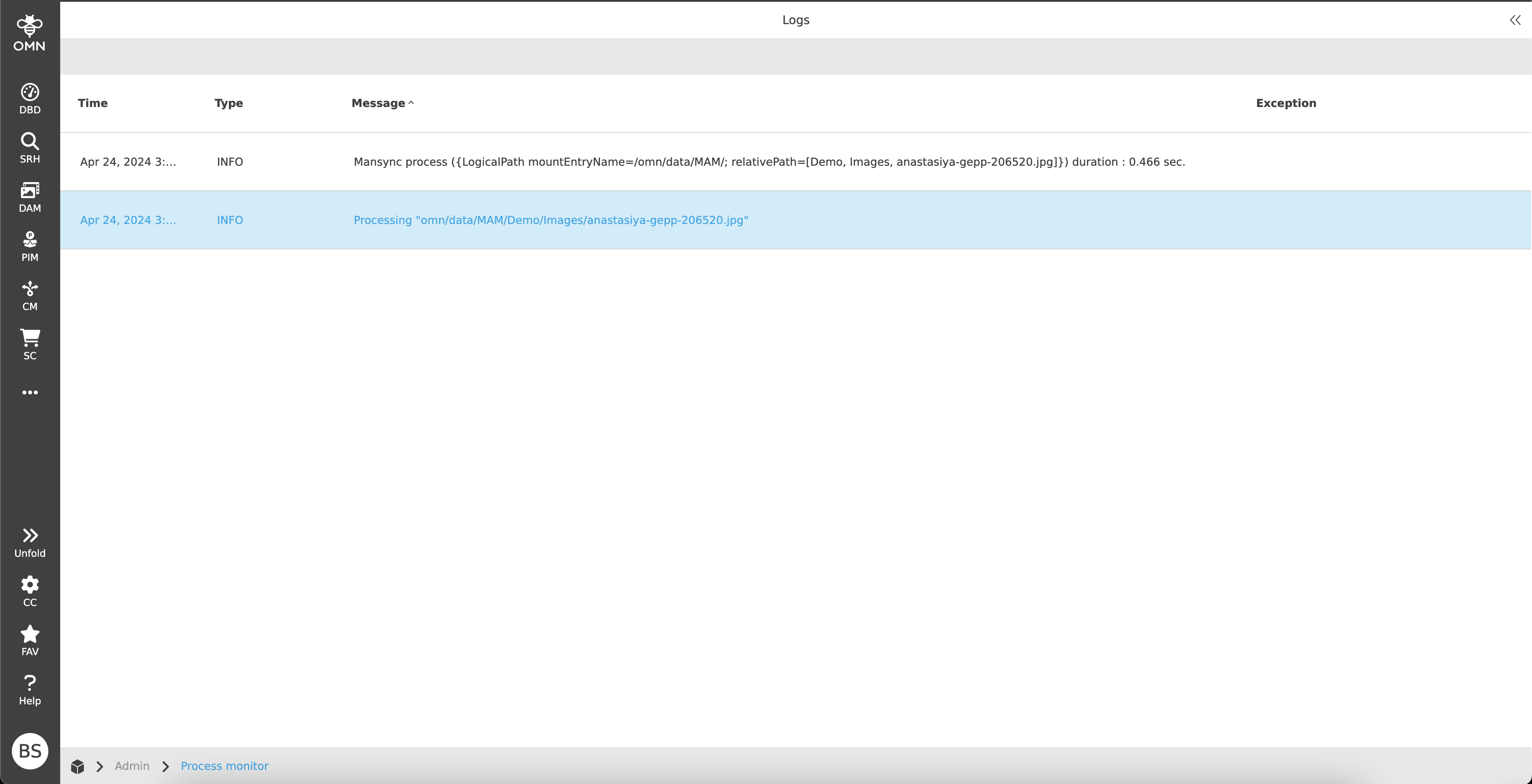 Log view opened in a separate browser tab