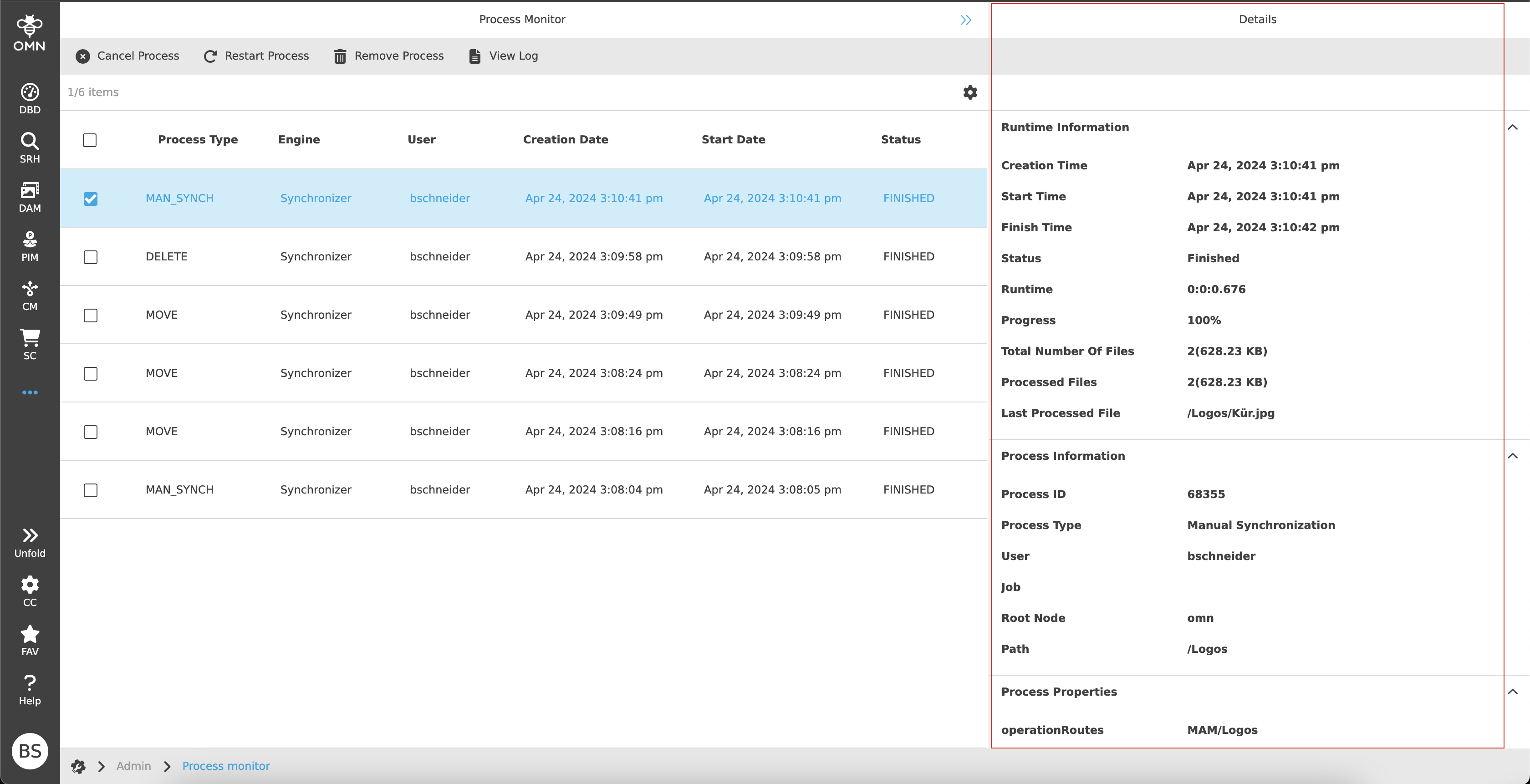 Right View of the process monitor