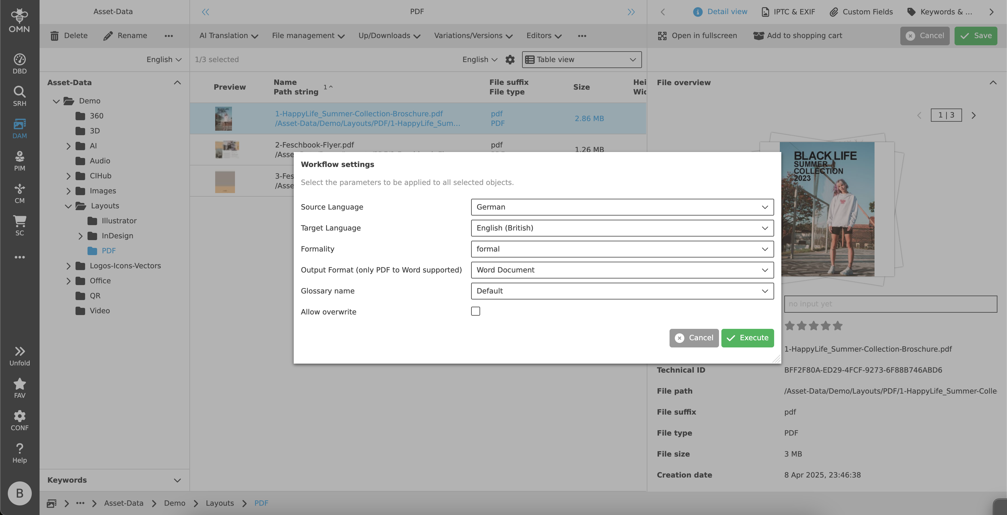 document translation parameters